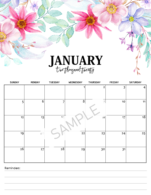 2020 Monthly Floral Calendars