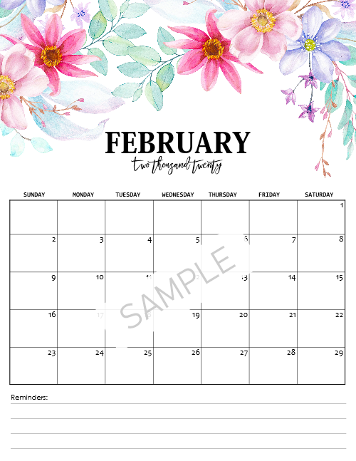 2020 Monthly Floral Calendars