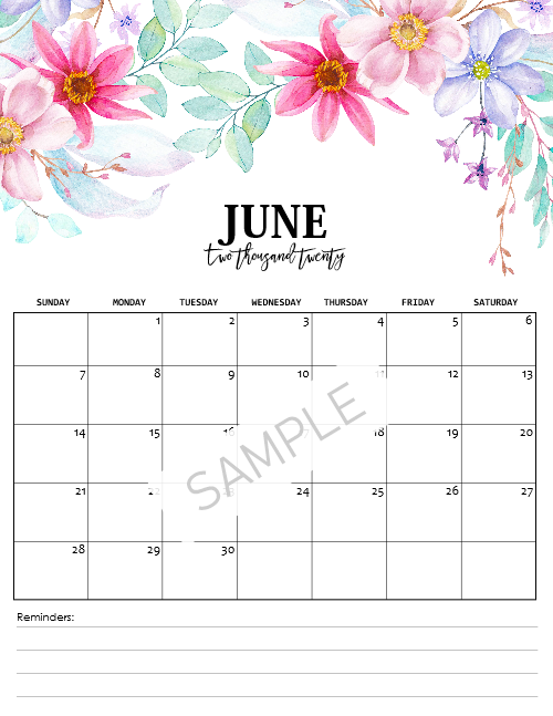 2020 Monthly Floral Calendars