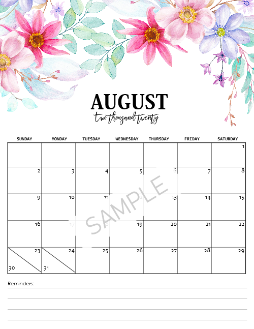 2020 Monthly Floral Calendars