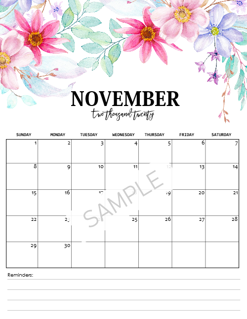 2020 Monthly Floral Calendars