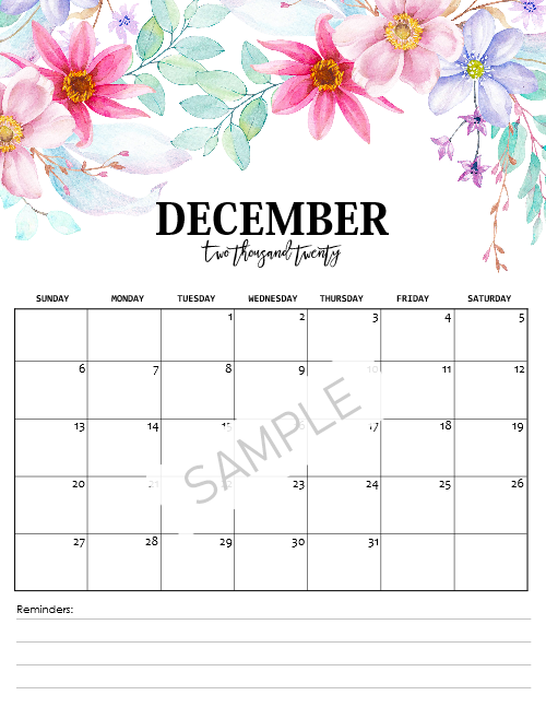 2020 Monthly Floral Calendars