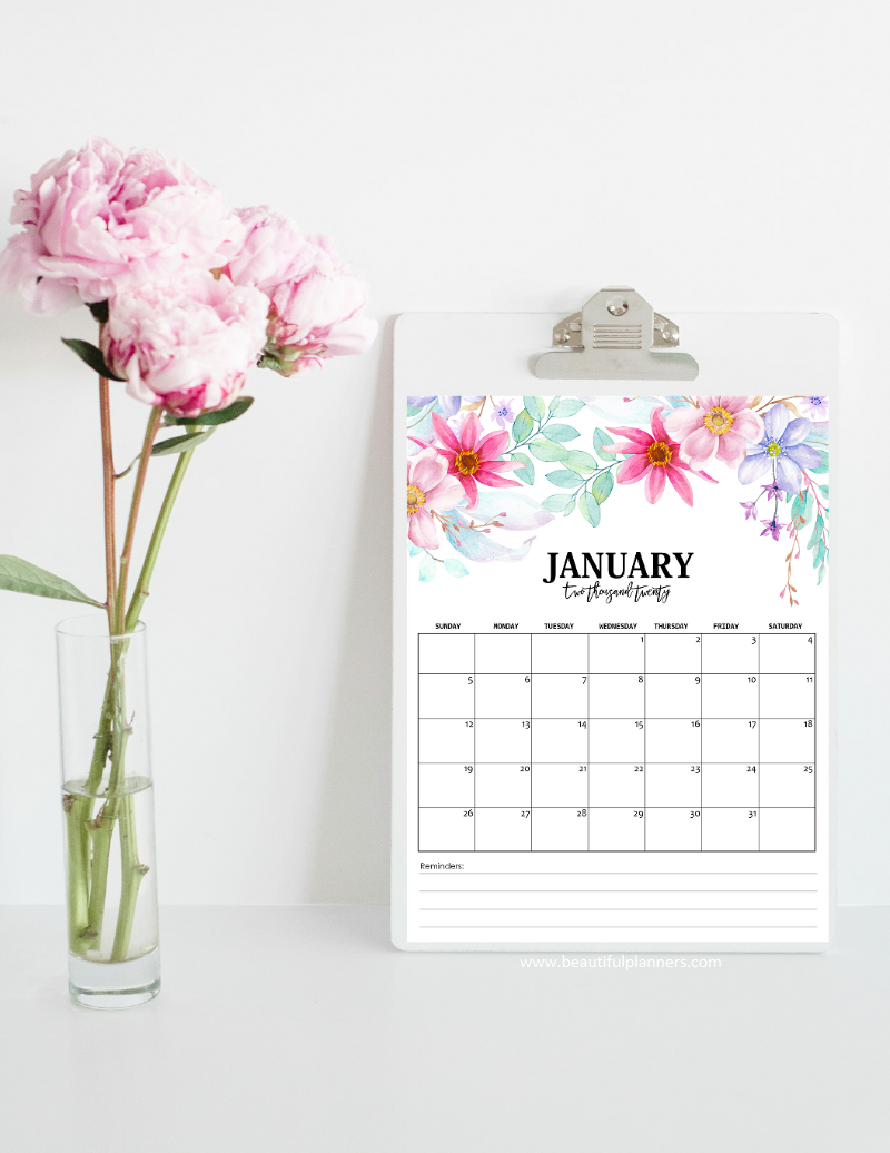 2020 Monthly Floral Calendars