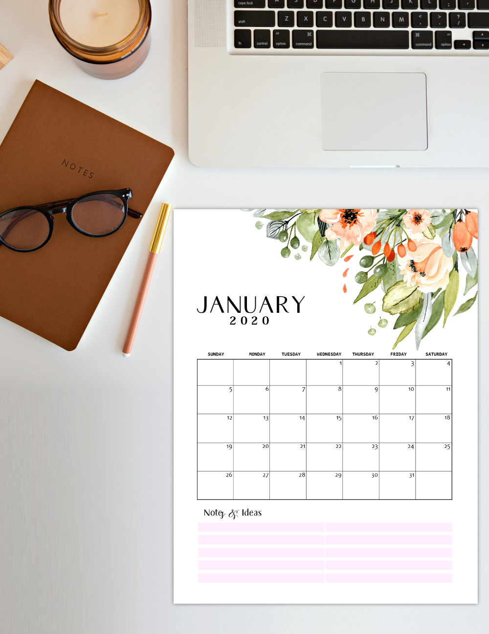 2020 Printable Calendar in Rustic Theme