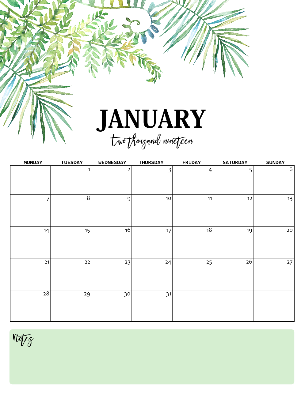 Nature-Inspired 2019 Monthly Calendars (Monday Start)