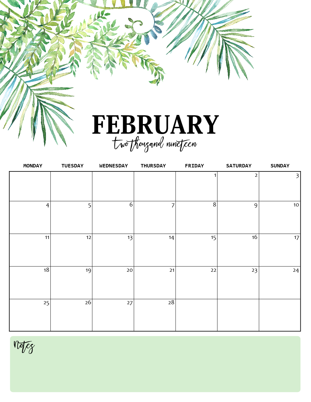 Nature-Inspired 2019 Monthly Calendars (Monday Start)