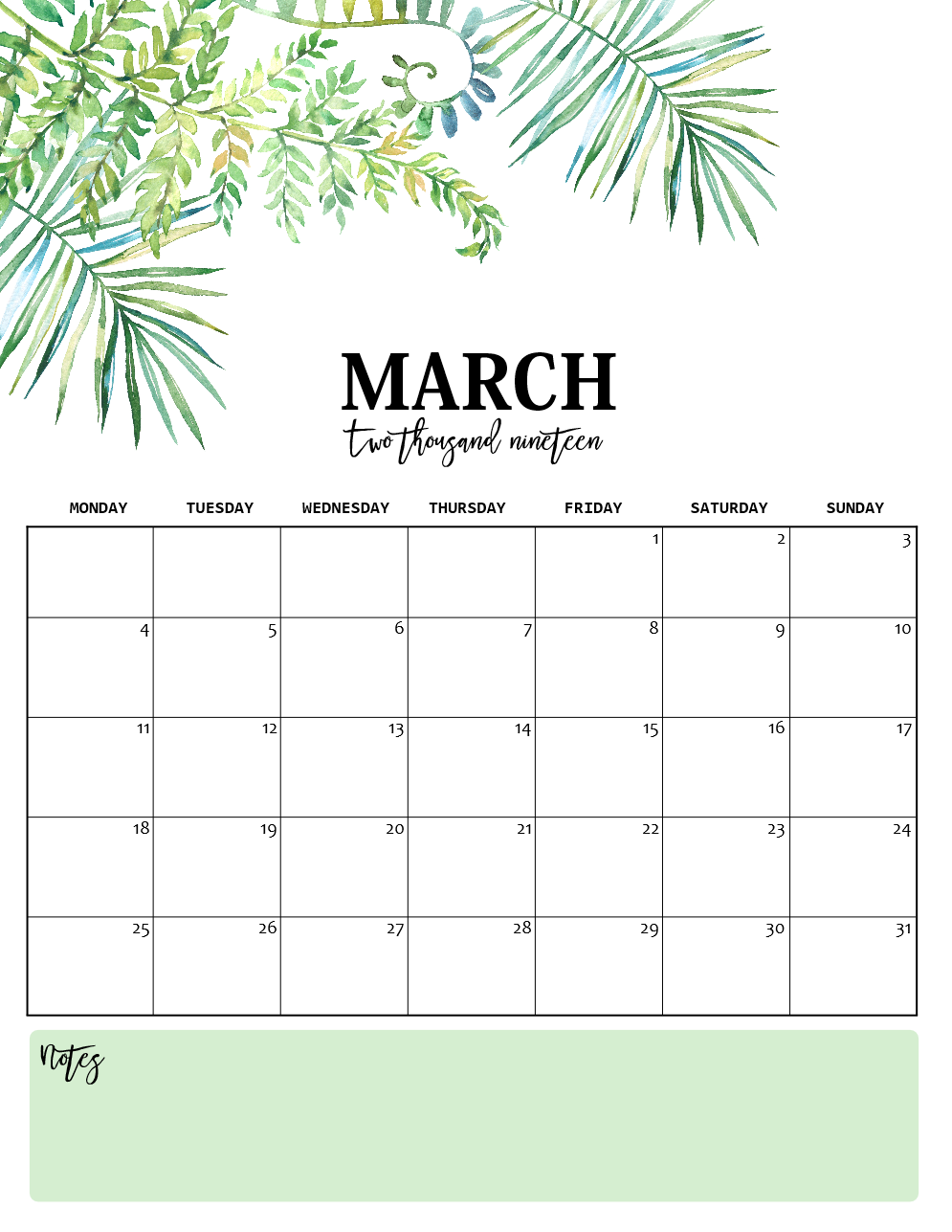 Nature-Inspired 2019 Monthly Calendars (Monday Start)