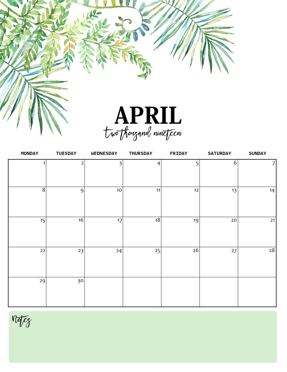 Nature-Inspired 2019 Monthly Calendars (Monday Start)