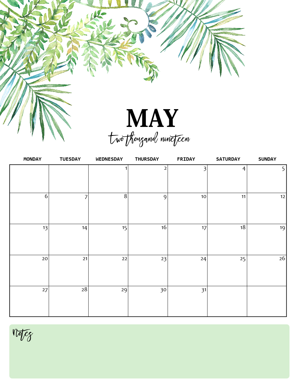 Nature-Inspired 2019 Monthly Calendars (Monday Start)