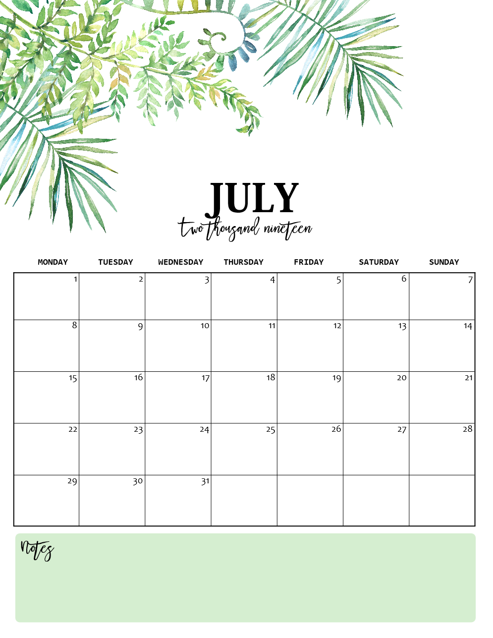 Nature-Inspired 2019 Monthly Calendars (Monday Start)