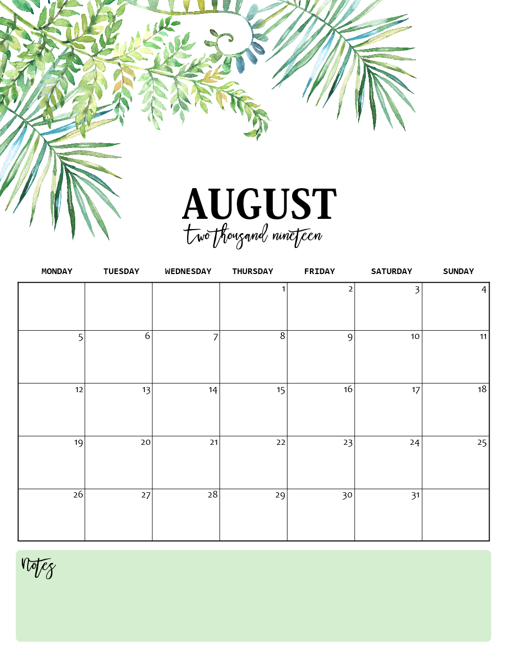 Nature-Inspired 2019 Monthly Calendars (Monday Start)