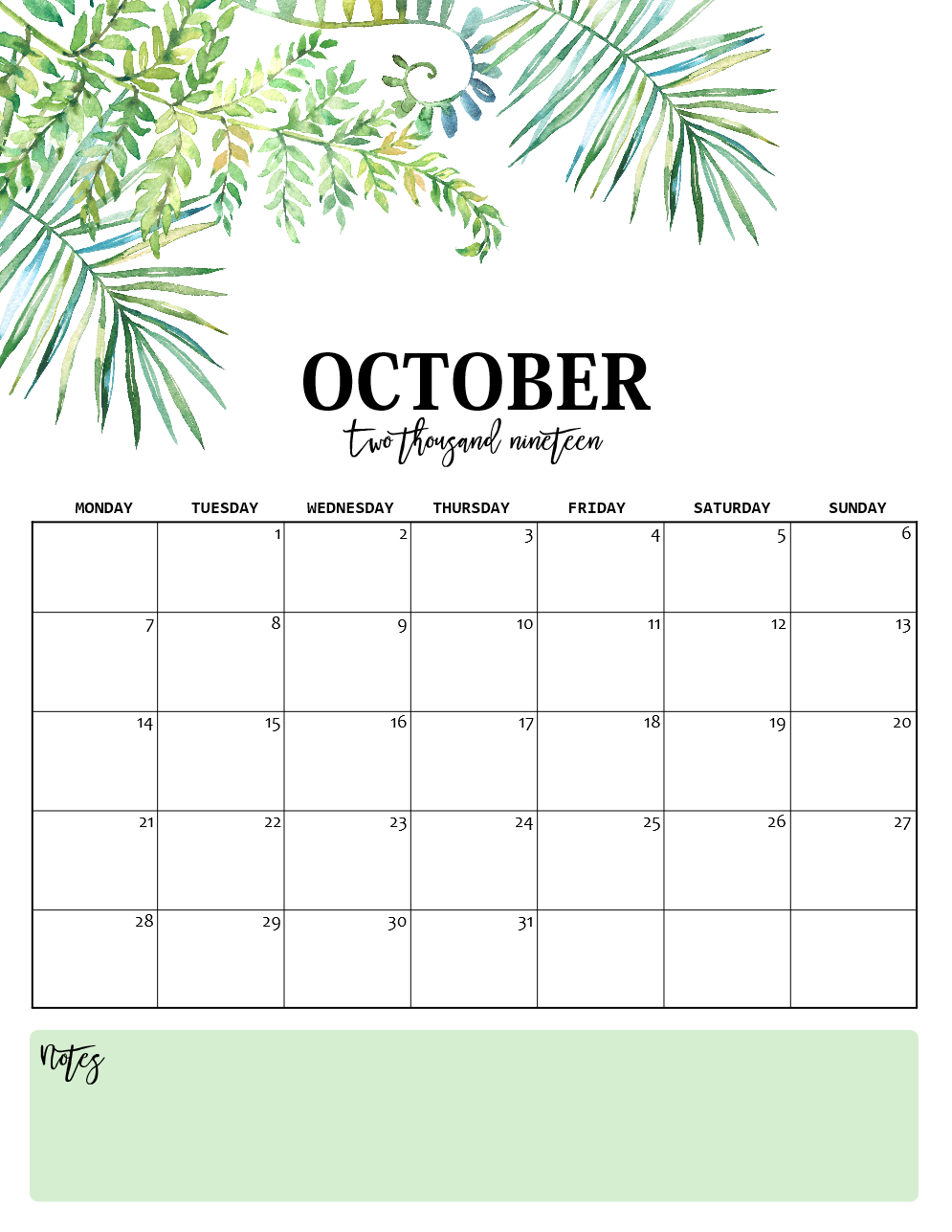 Nature-Inspired 2019 Monthly Calendars (Monday Start)