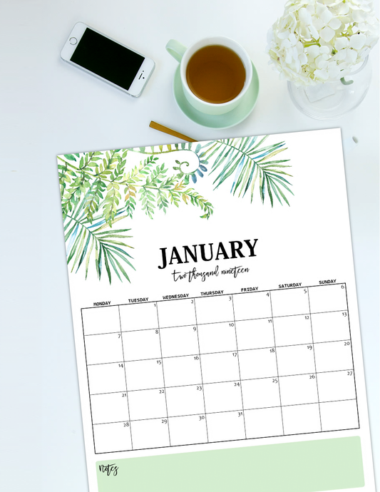 Nature-Inspired 2019 Monthly Calendars (Monday Start)