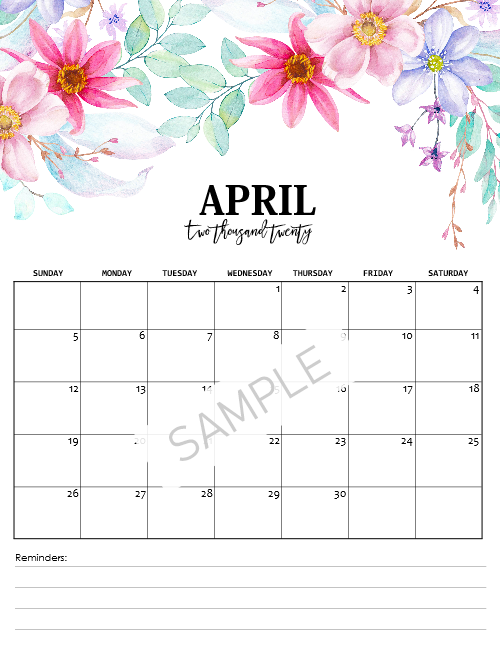 2020 Monthly Floral Calendars